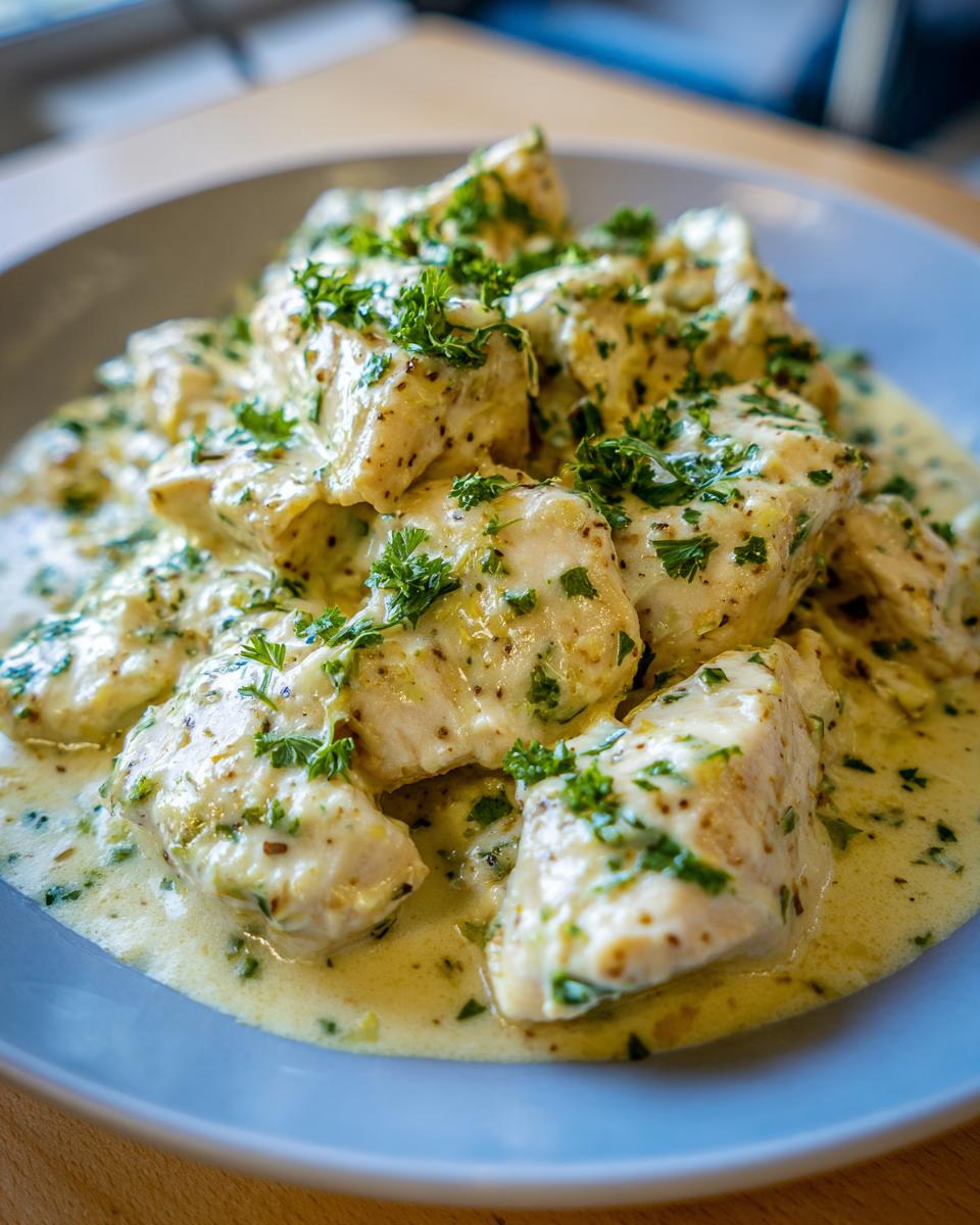 Close-up of tender pieces of coconut lime chicken smothered in a creamy, pale yellow sauce and topped with fresh parsley.
