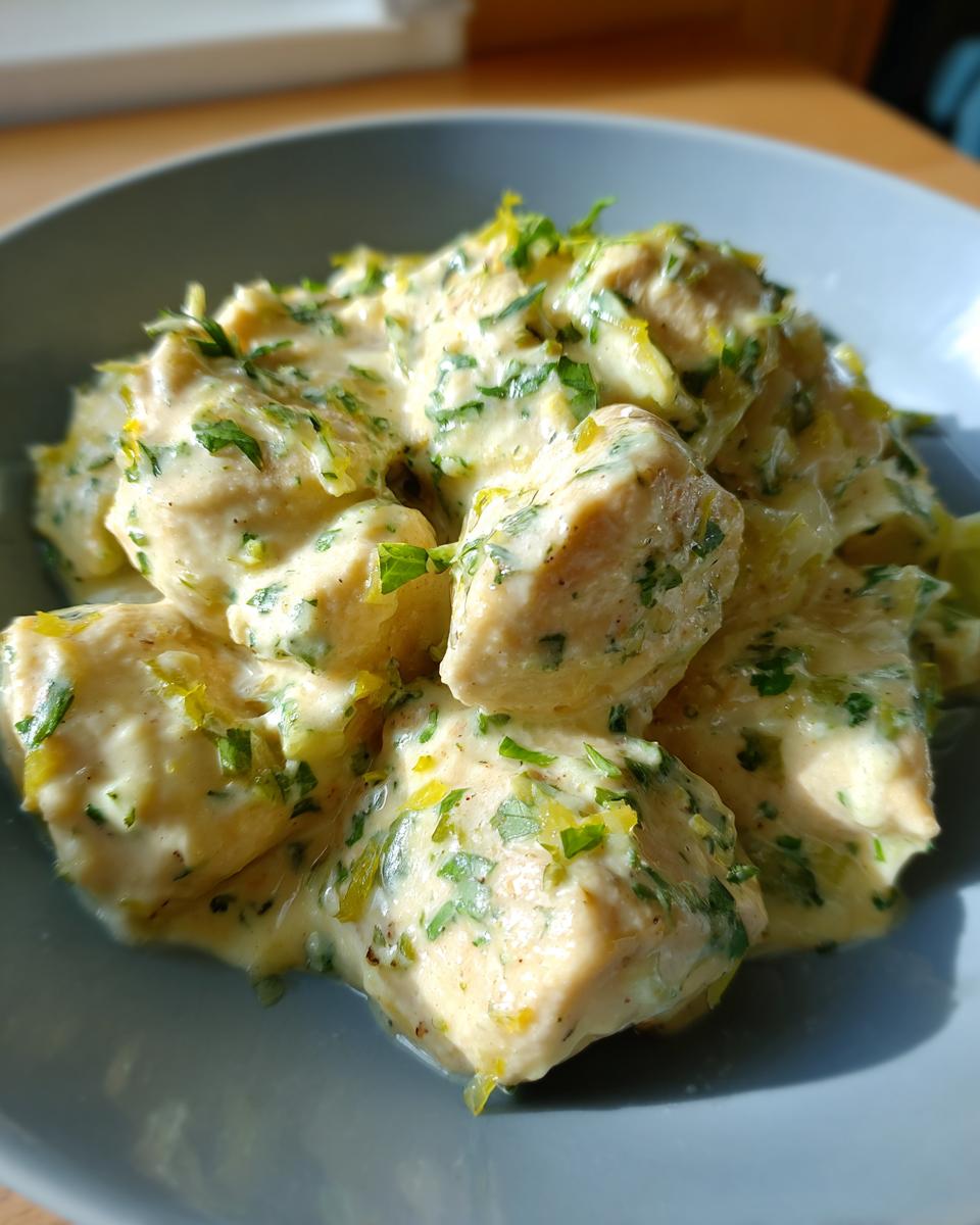 Close-up of tender chicken pieces coated in a creamy sauce, garnished with green herbs and lime zest for coconut lime chicken.