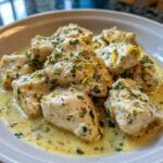 Close-up of creamy coconut lime chicken pieces coated in a light sauce, topped with lime zest and herbs.
