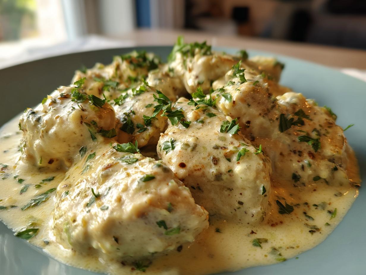 Close-up of tender chicken pieces smothered in a creamy sauce, garnished with fresh parsley, featuring coconut lime chicken.