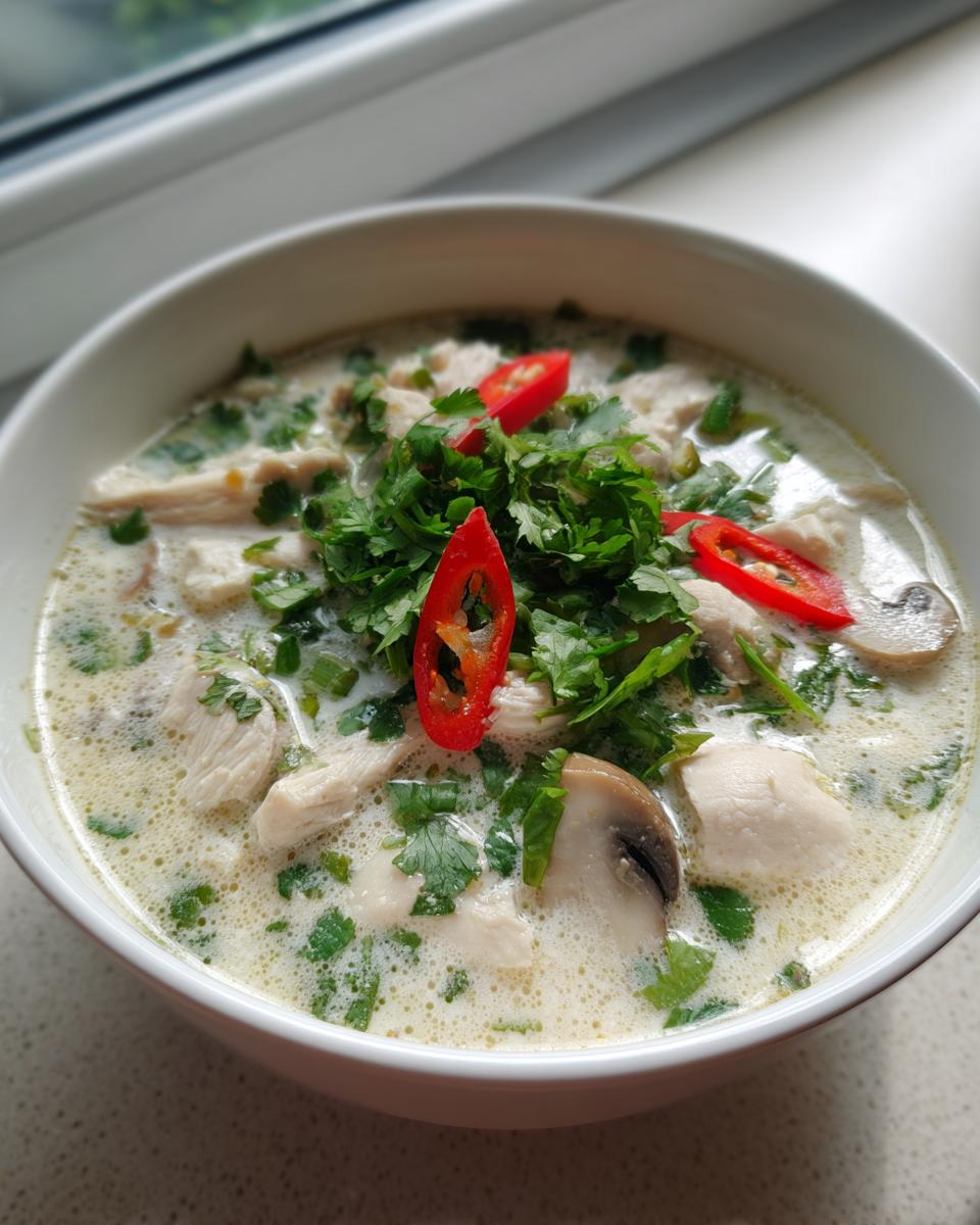 A close-up of a creamy coconut soup featuring shredded chicken, sliced mushrooms, fresh cilantro, and red chili slices.