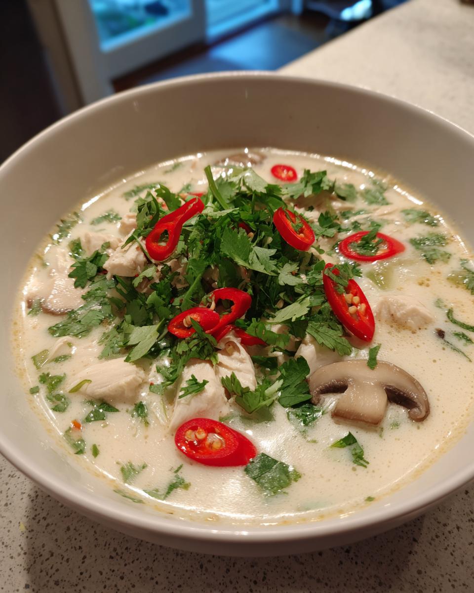 A close-up bowl of creamy coconut soup featuring chunks of chicken, sliced mushrooms, fresh cilantro, and bright red chili slices.