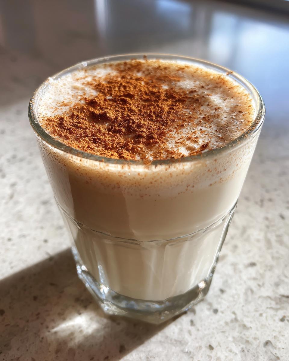 A glass of creamy, light-colored coquito topped generously with ground cinnamon.