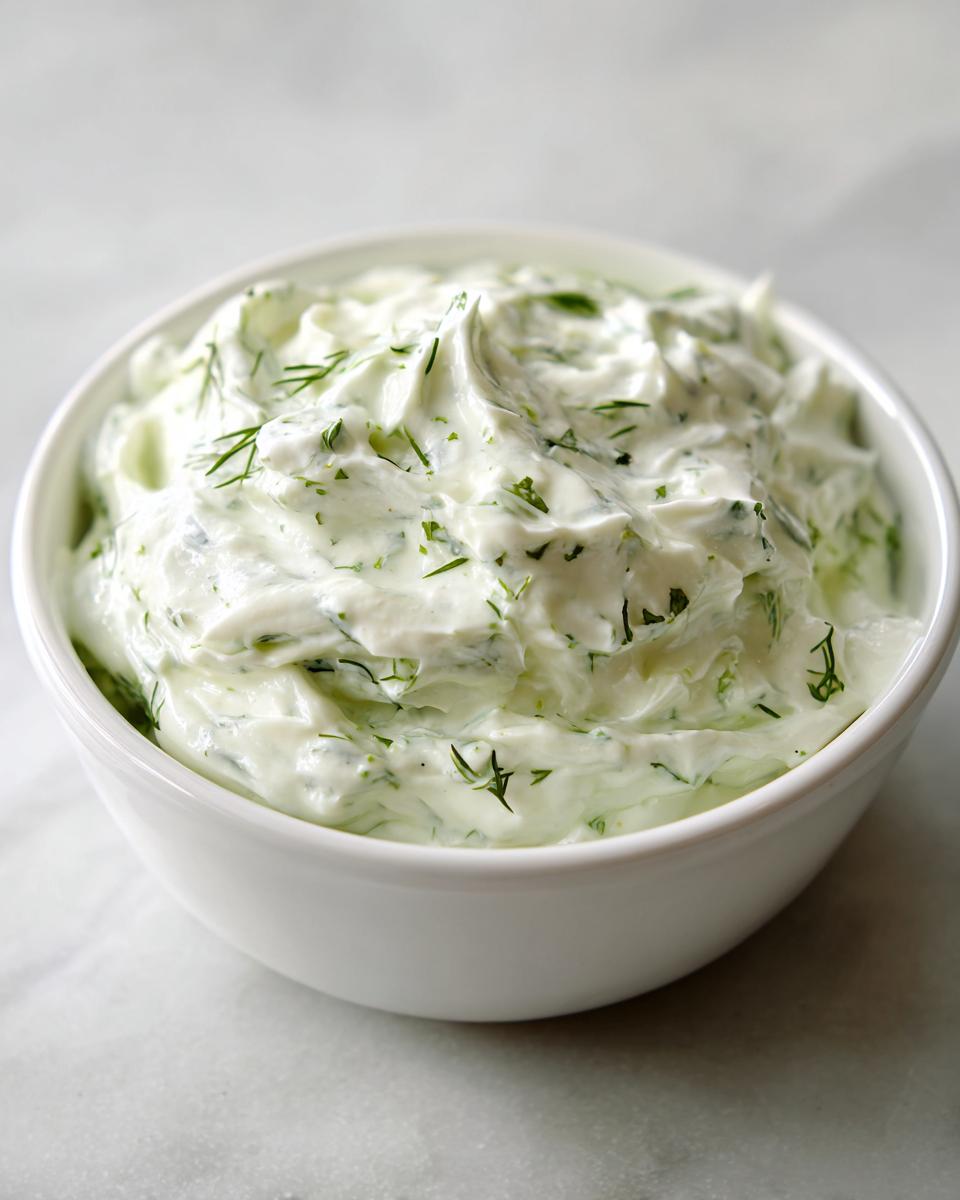 Close-up of a white bowl filled with creamy dill dip, heavily garnished with fresh dill.