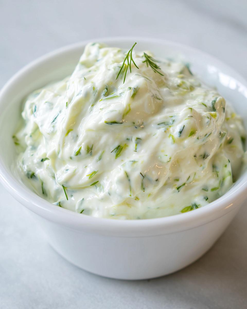 A close-up of thick, creamy dill dip speckled with fresh green herbs, served in a small white bowl.