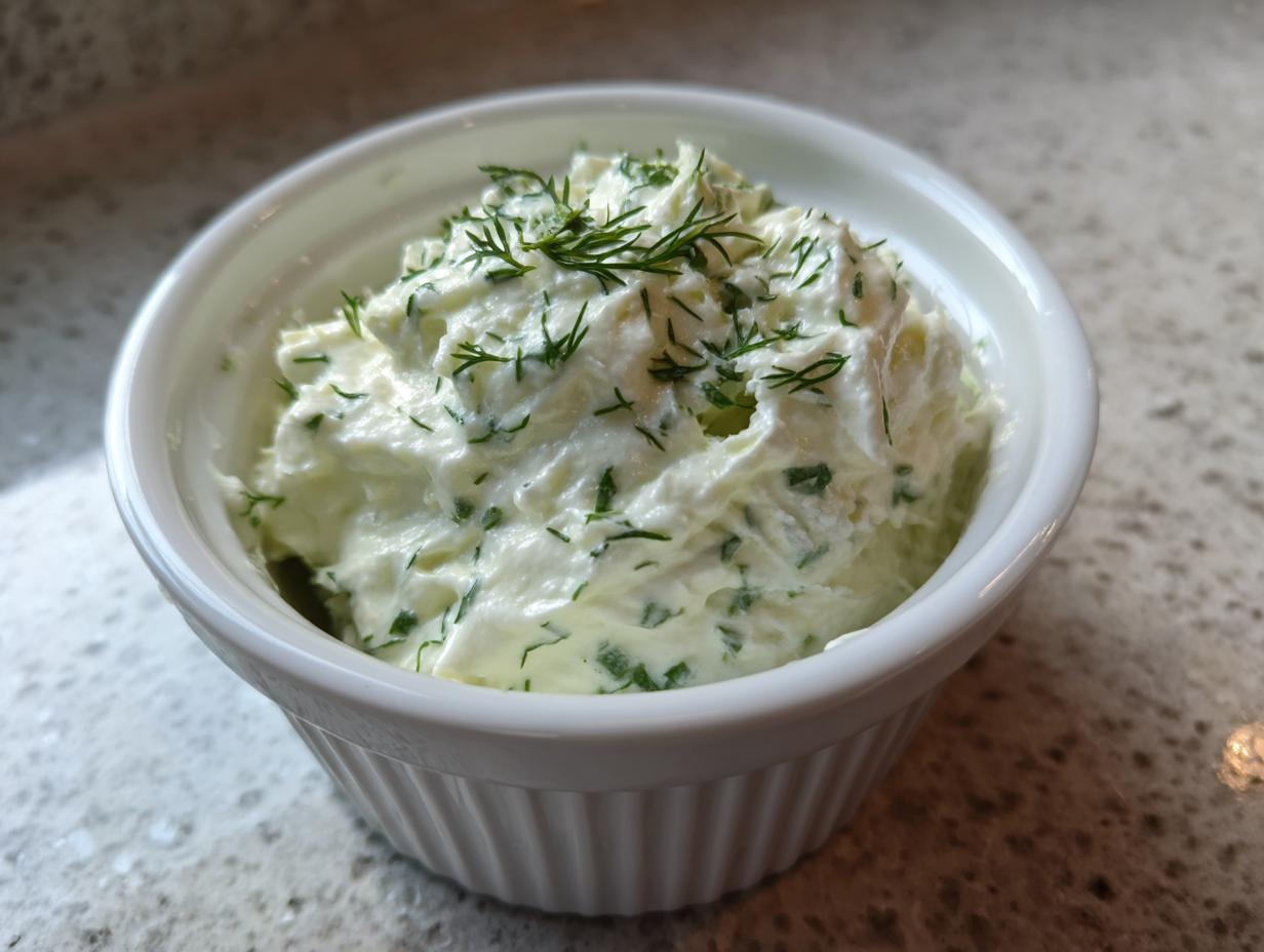 Close-up of creamy dill dip topped with fresh dill sprigs, served in a small white ramekin.