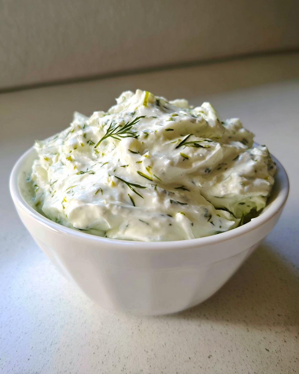 A close-up of thick, creamy dill dip generously filled in a white bowl, garnished with fresh dill.