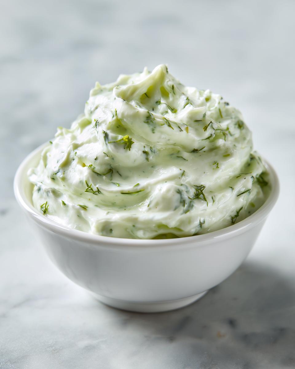 A close-up of fluffy, creamy dill dip generously swirled in a small white bowl on a marble surface.