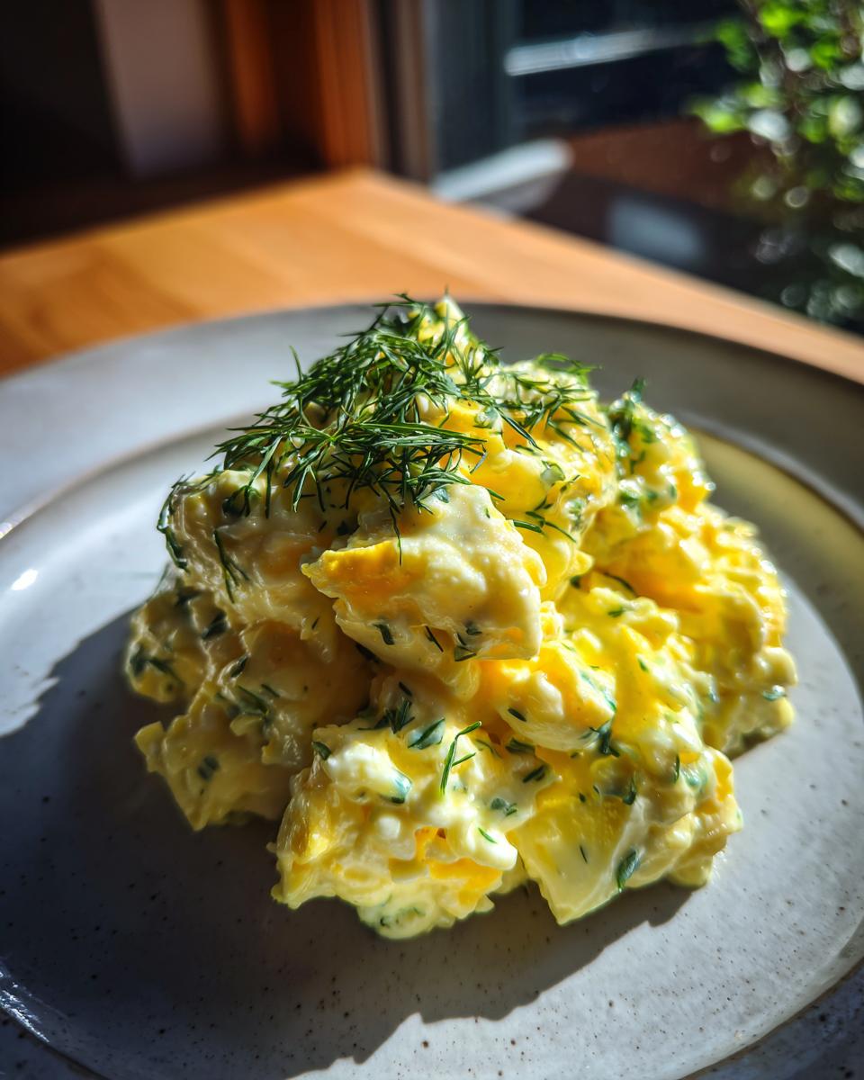 A serving of creamy, bright yellow egg salad recipe topped generously with fresh green dill.