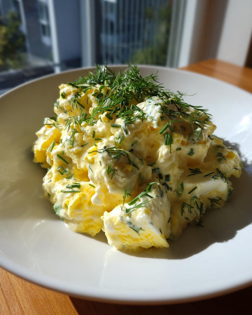 A serving of creamy egg salad recipe, featuring chunks of egg and herbs like dill and chives, in a white bowl.