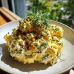 A mound of creamy, yellow egg salad recipe, topped generously with fresh dill, chopped chives, and paprika.