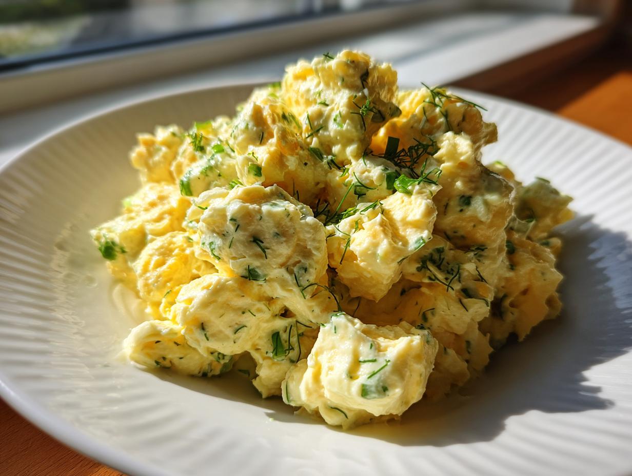 A close-up of creamy, chunky egg salad recipe garnished with fresh dill and chives on a white plate.