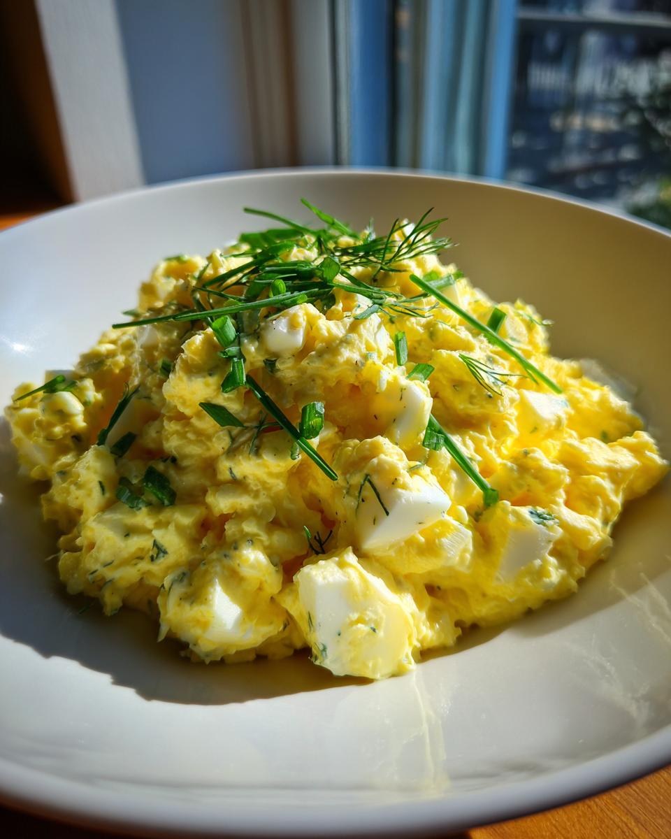 A bowl of creamy, yellow egg salad recipe garnished generously with chopped chives and dill.