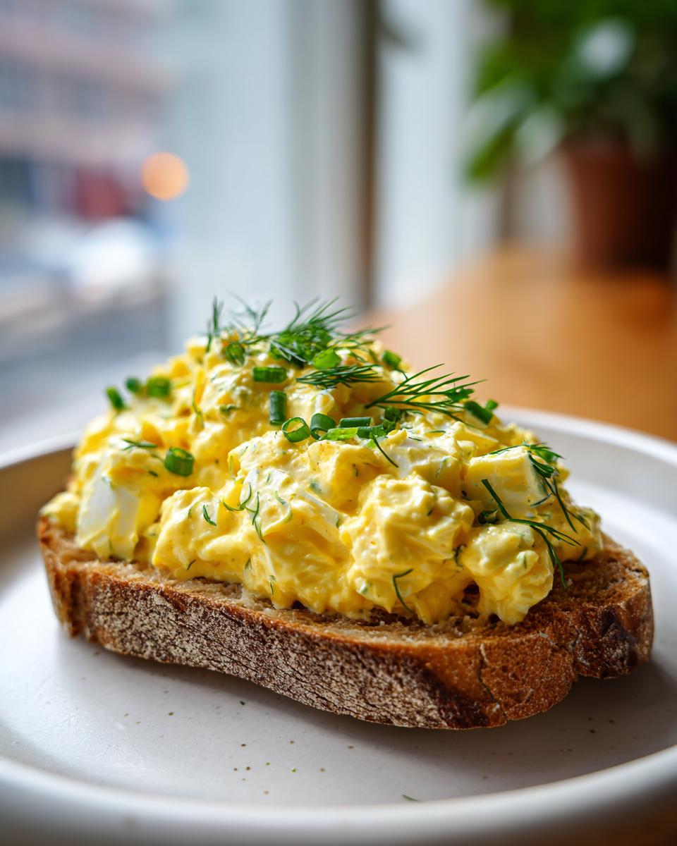 A generous serving of creamy egg salad recipe piled high on a slice of dark, rustic bread, garnished with fresh dill and chives.