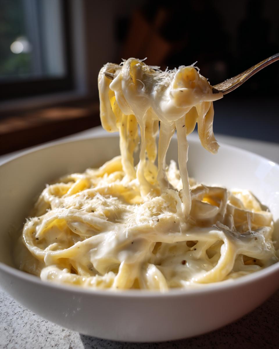 A fork lifting fettuccine noodles coated in rich homemade alfredo sauce, topped with grated Parmesan cheese.
