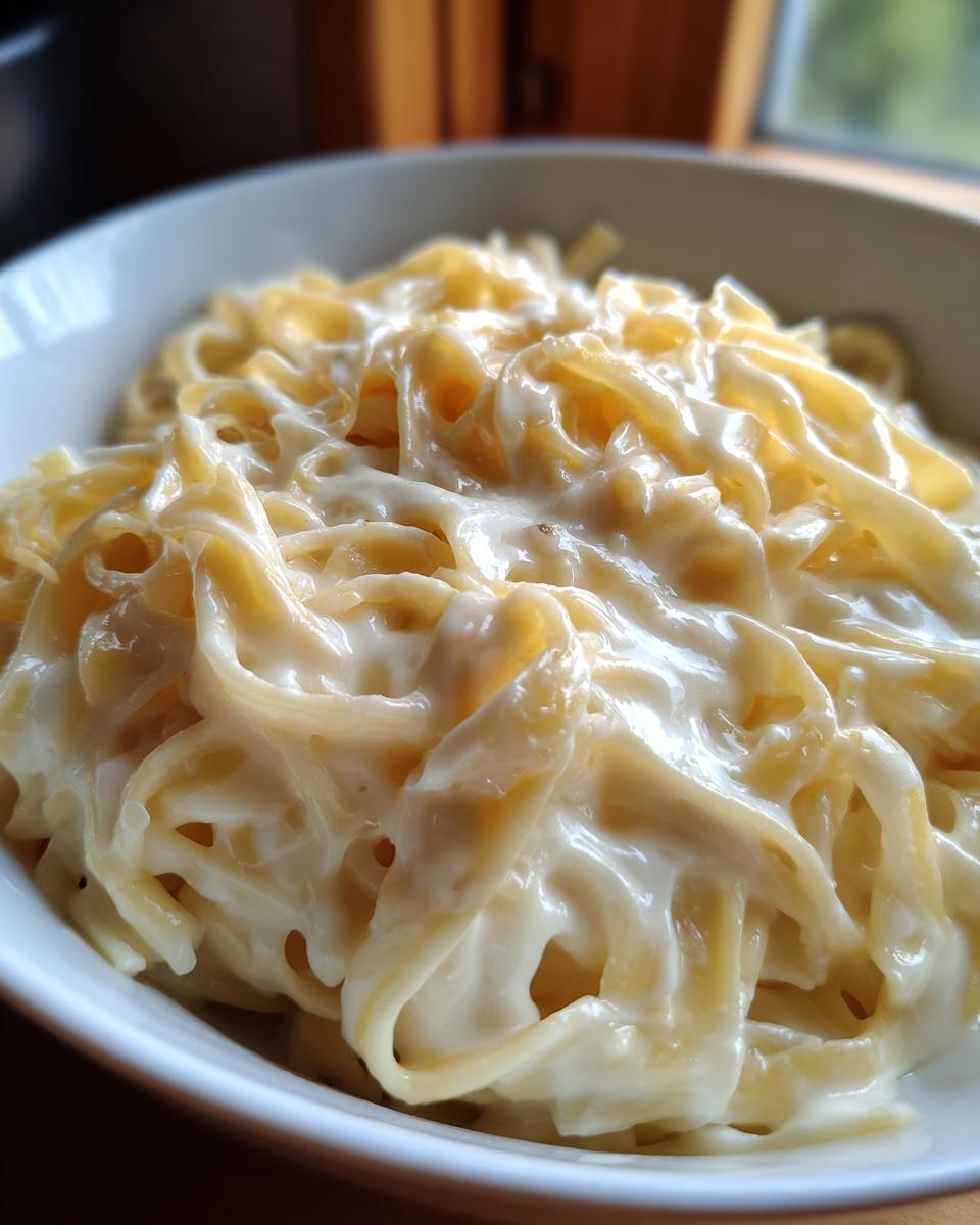 Close-up of fettuccine pasta generously coated in rich, creamy homemade alfredo sauce in a white bowl.