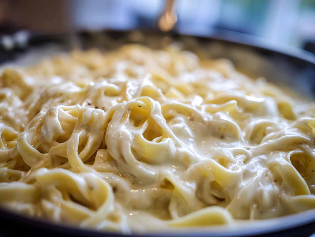 Close-up of fettuccine noodles coated in a rich, creamy vegan alfredo sauce in a dark pan.
