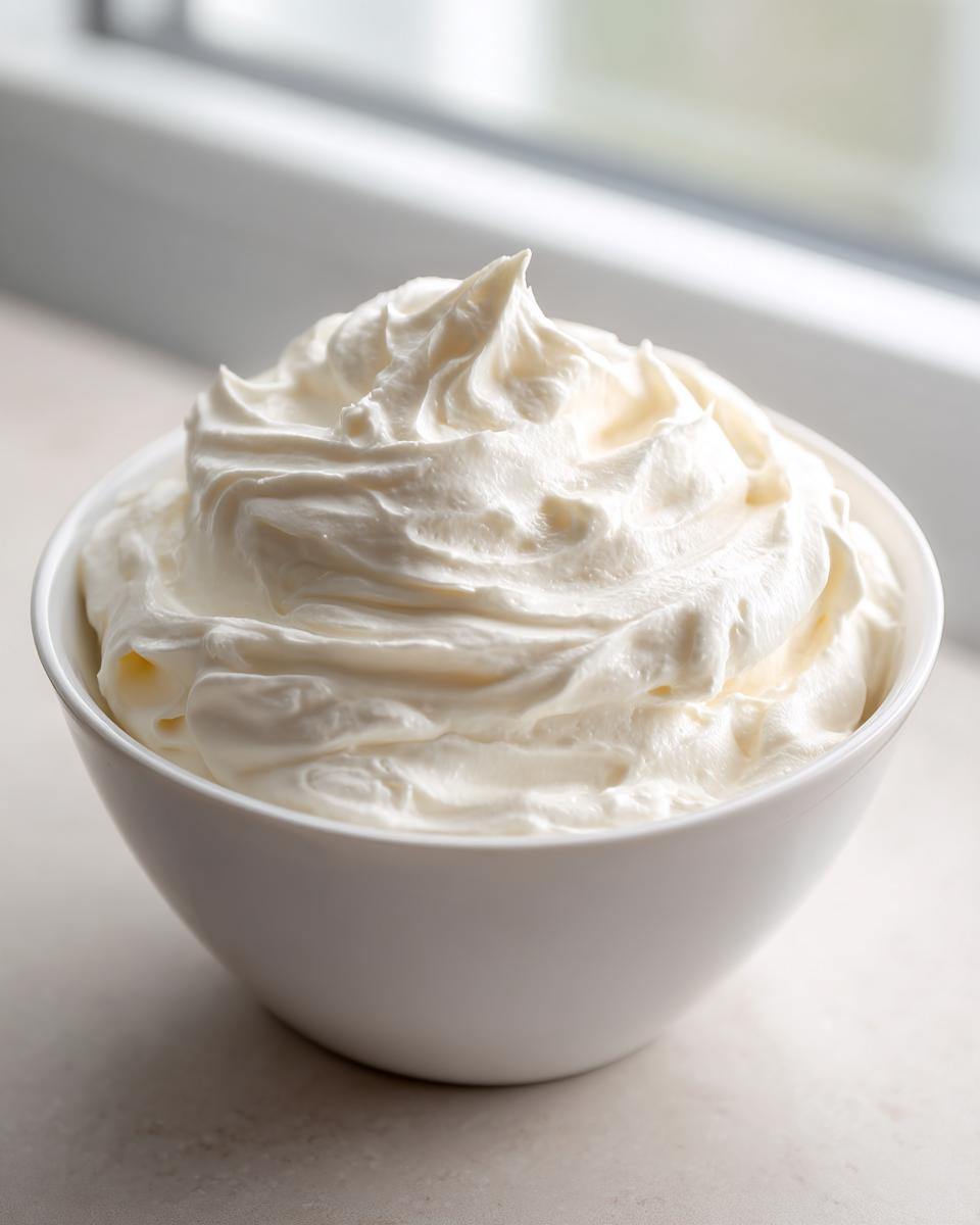 Close-up of fluffy, white, homemade fruit dip swirled high in a small white bowl.