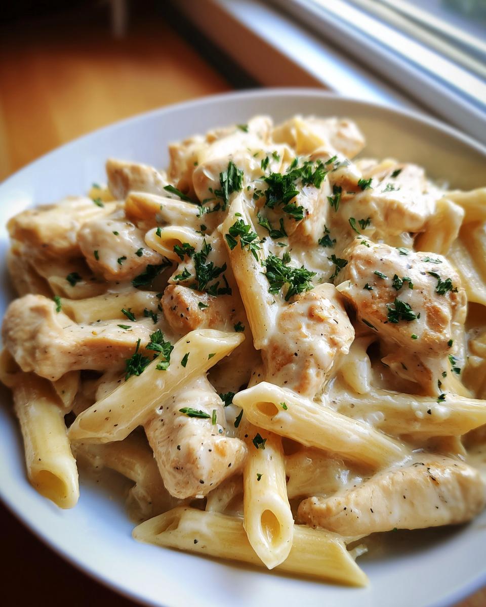 Close-up of creamy garlic parmesan chicken pasta featuring penne, chicken pieces, and parsley garnish.
