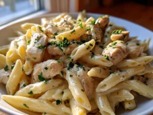 Close-up of creamy garlic parmesan chicken pasta made with penne, topped with fresh parsley.