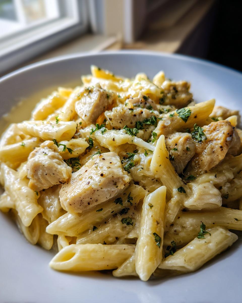 Close-up of creamy garlic parmesan chicken pasta with penne, garnished with parsley.