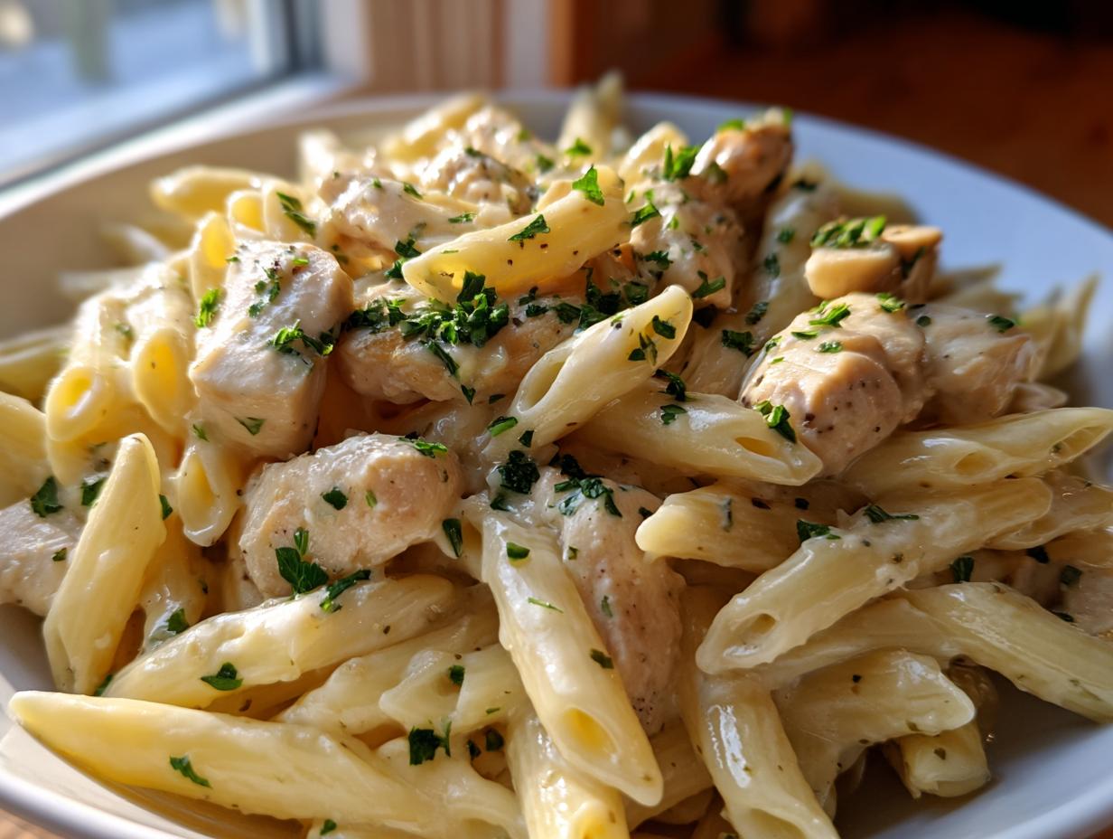 Close-up of creamy garlic parmesan chicken pasta made with penne, topped with fresh parsley.