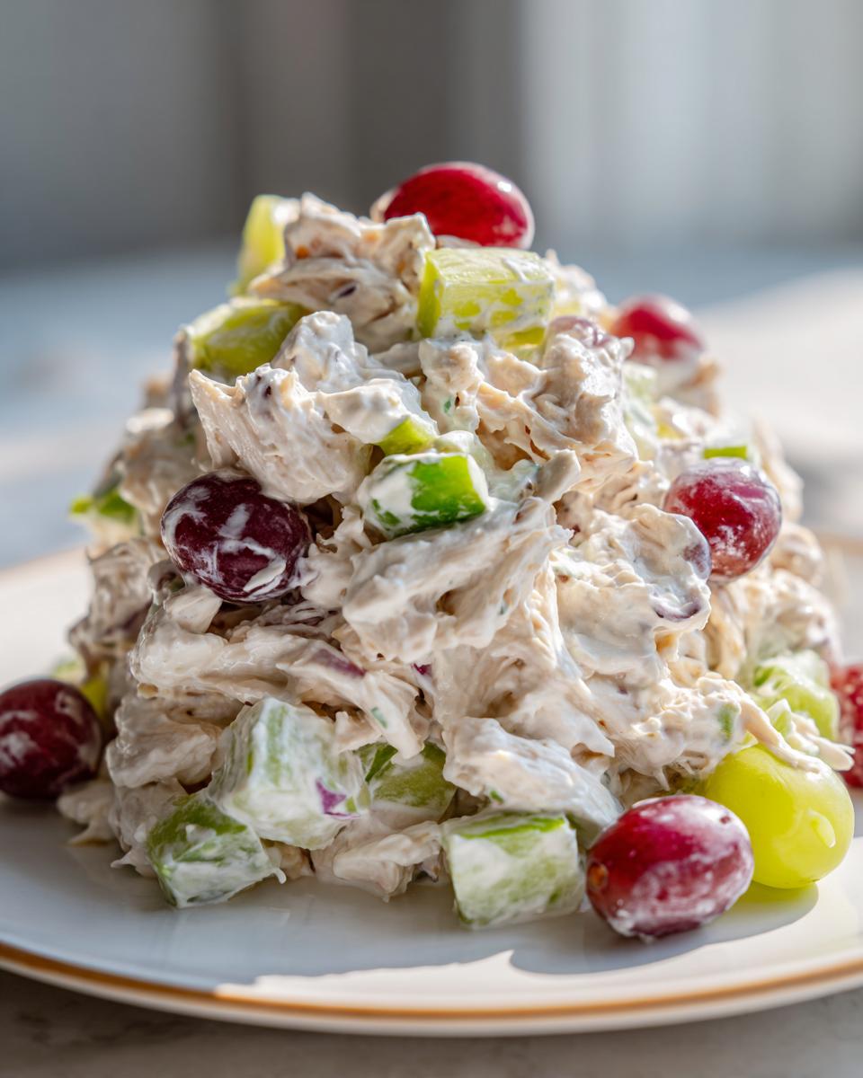 A mound of creamy greek yogurt chicken salad mixed with celery and topped with red and green grapes on a white plate.