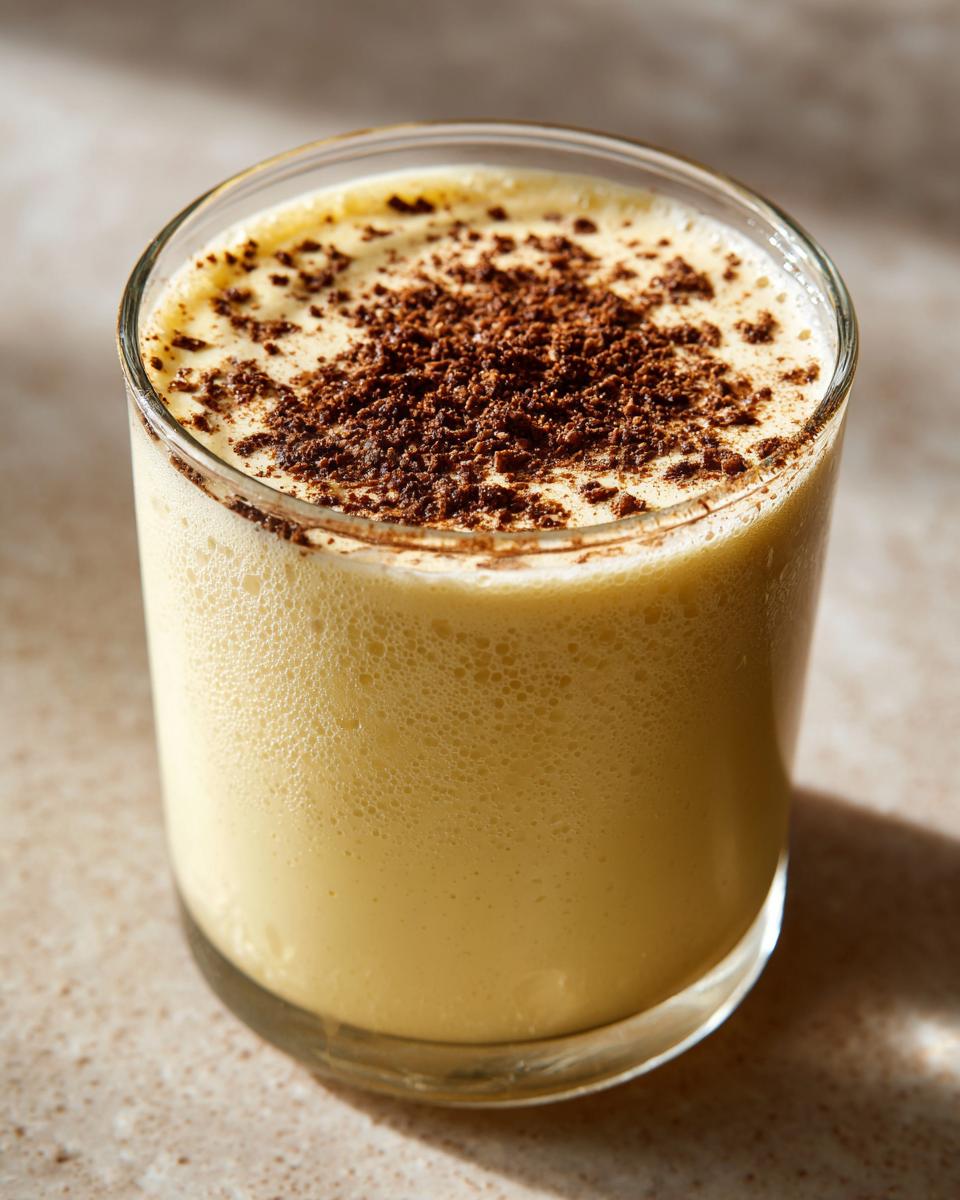 A glass of creamy homemade eggnog, topped generously with grated chocolate or nutmeg.