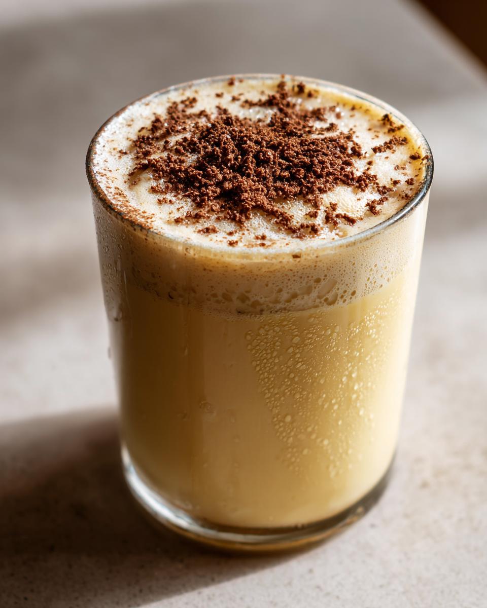 A close-up of a glass filled with creamy homemade eggnog, topped with a generous sprinkle of dark chocolate shavings.