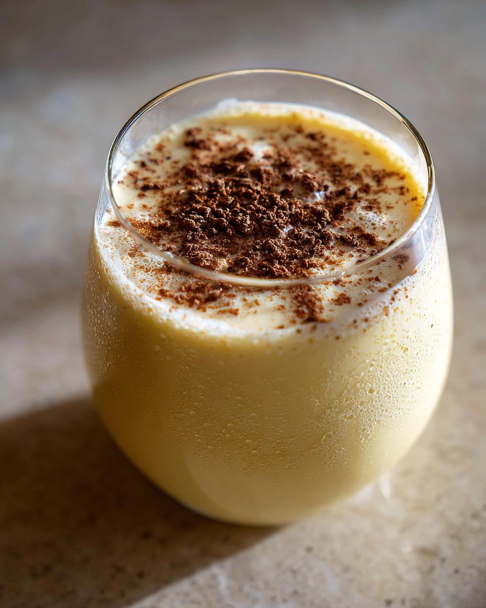 A close-up of a chilled glass filled with creamy homemade eggnog, topped with grated nutmeg or chocolate.
