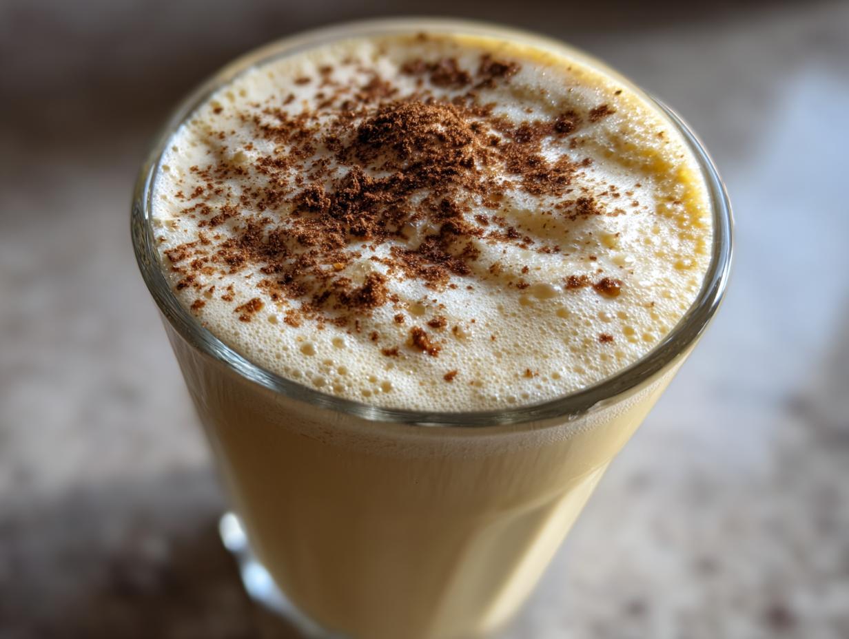 Close-up of creamy homemade eggnog in a glass, topped with foamy froth and sprinkled nutmeg.