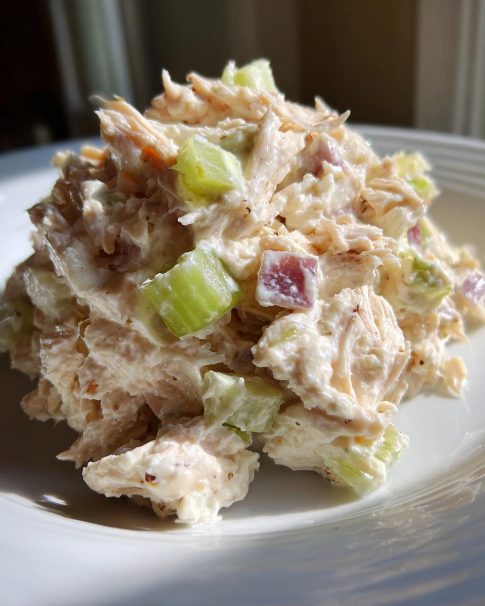 A close-up mound of creamy honey mustard chicken salad featuring shredded chicken, diced celery, and red onion on a white plate.