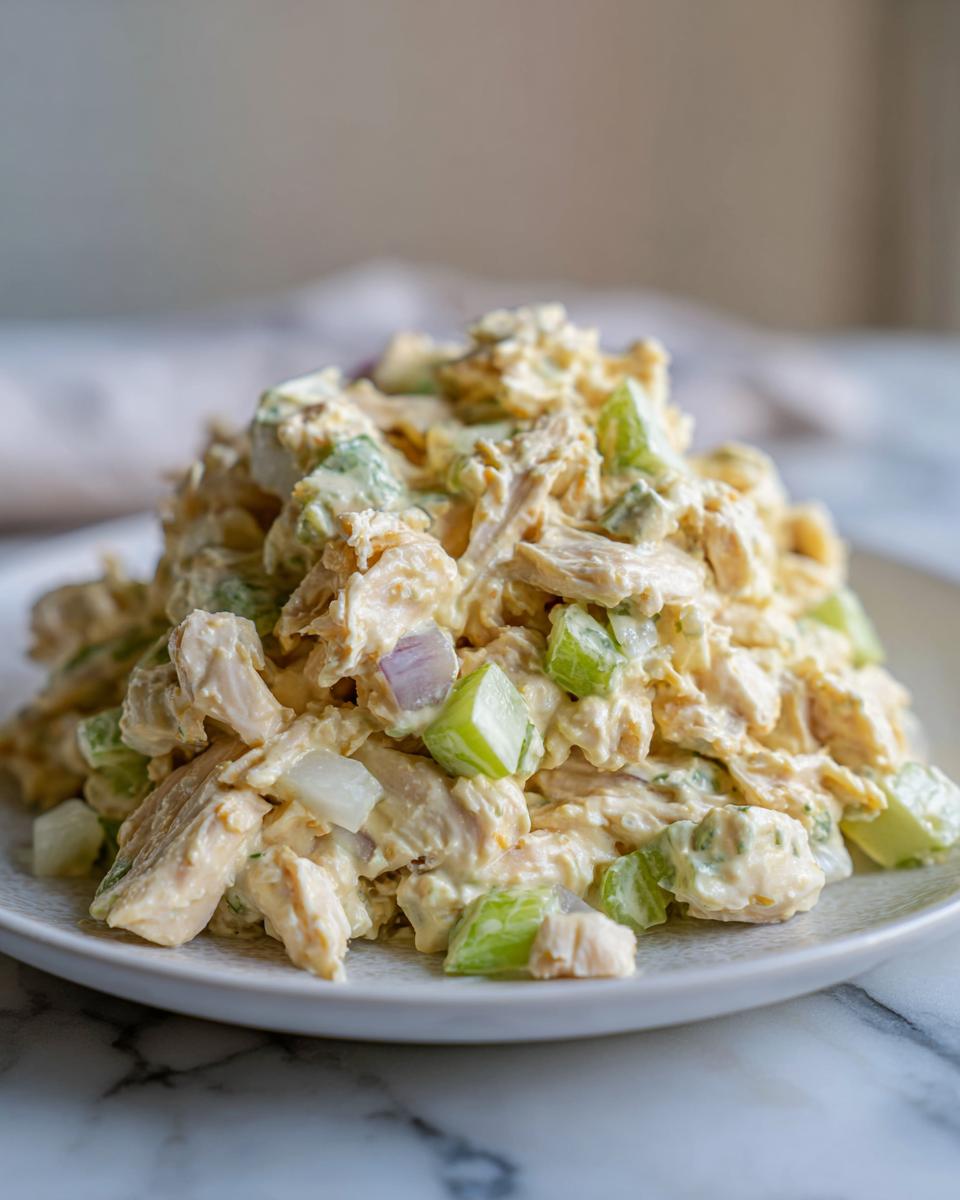 A mound of creamy honey mustard chicken salad featuring shredded chicken, celery chunks, and red onion on a white plate.