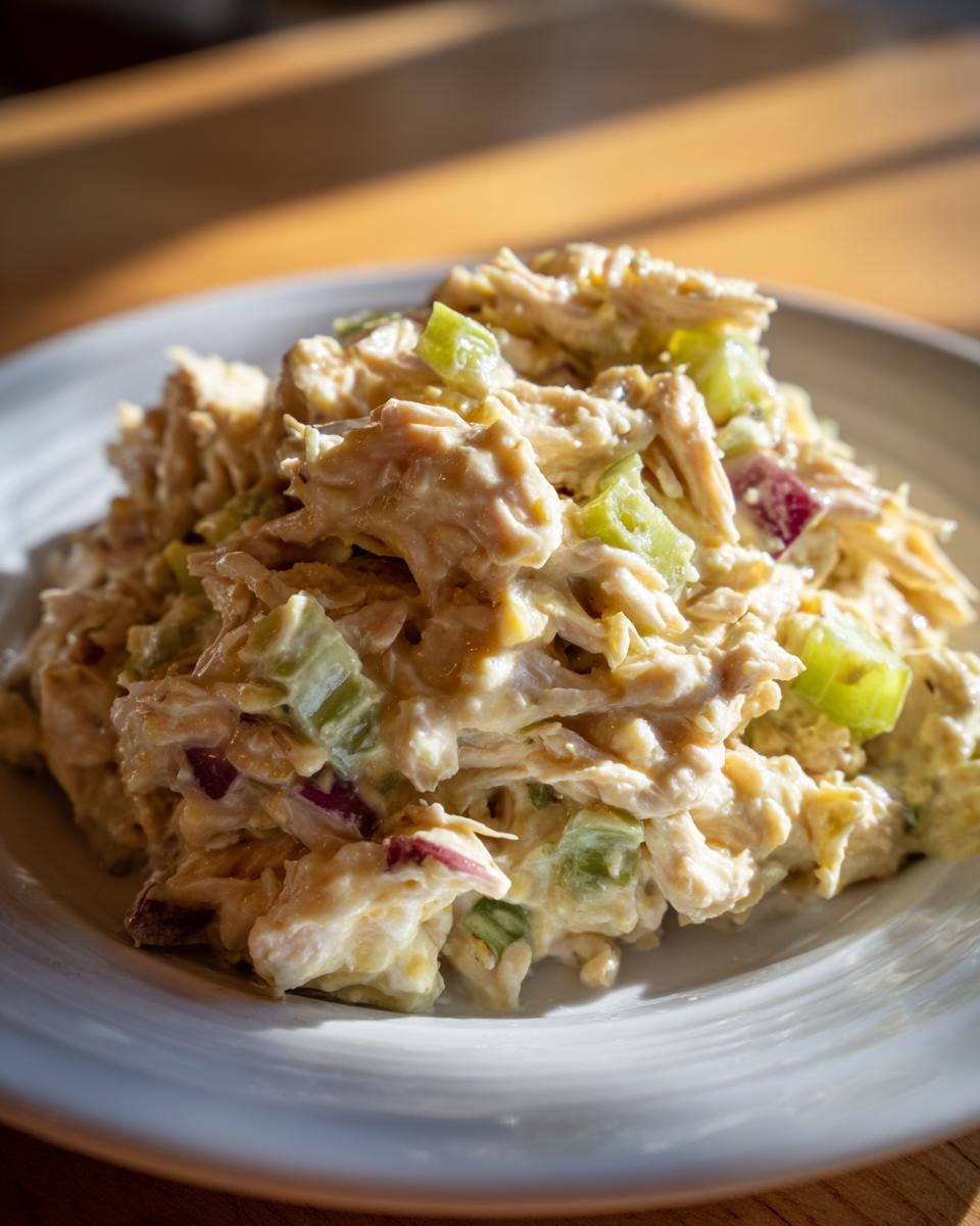 A close-up of a mound of creamy honey mustard chicken salad featuring shredded chicken, celery, and red onion on a white plate.