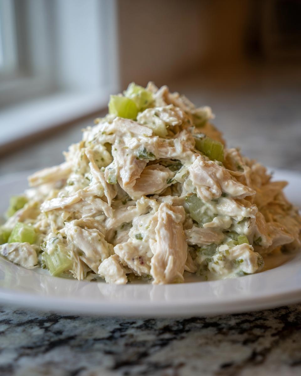 A mound of creamy honey mustard chicken salad featuring shredded chicken and chopped celery on a white plate.