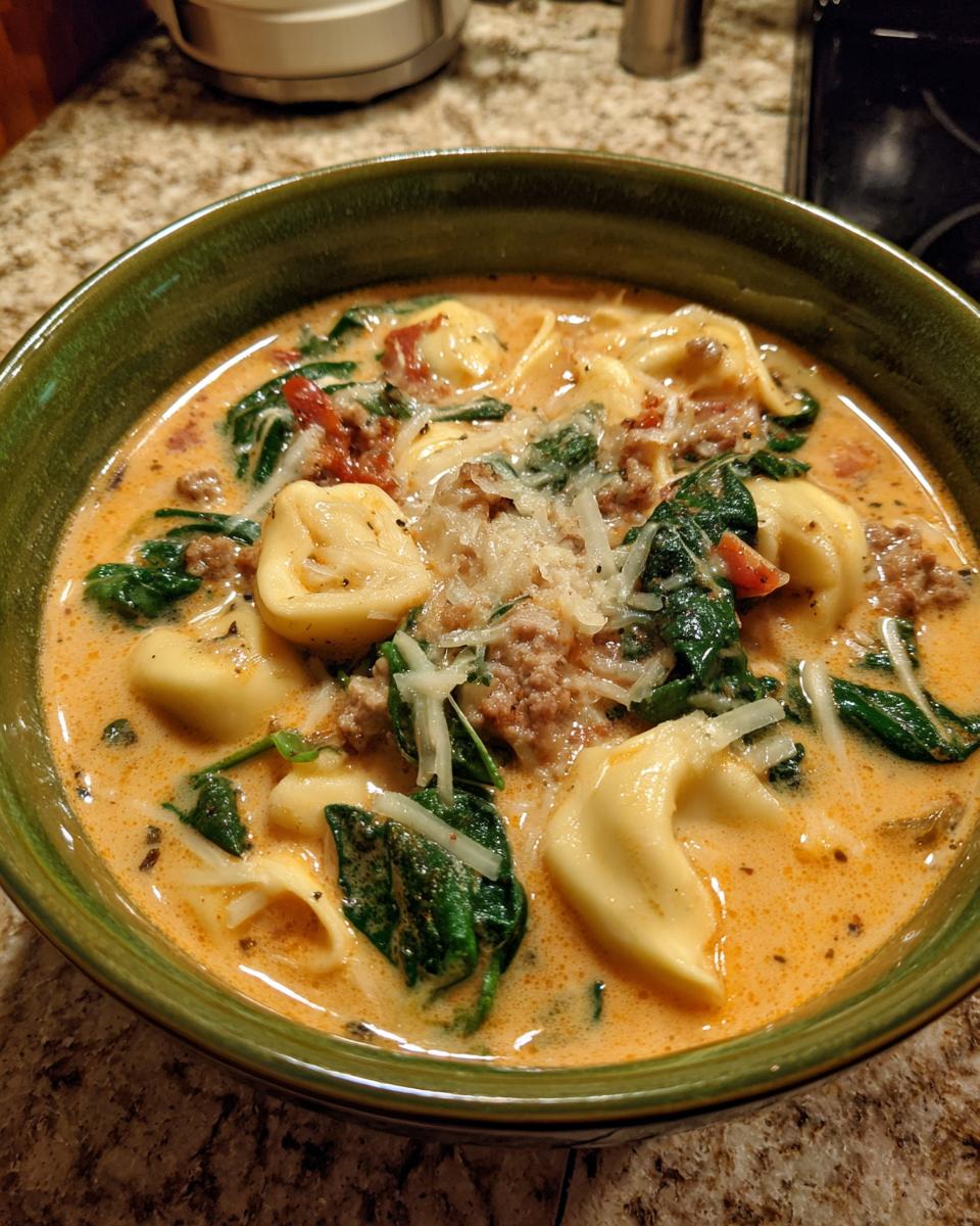 Close-up of a bowl of creamy italian sausage tortellini soup with spinach and parmesan cheese.