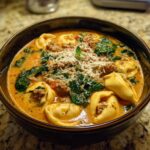 Close-up of a rich, creamy bowl of italian sausage tortellini soup topped with parmesan cheese and spinach.