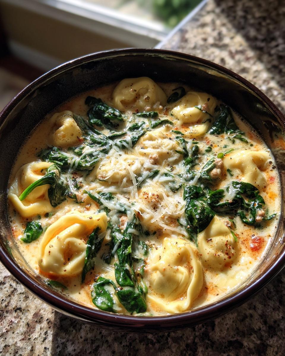 Close-up of a bowl of creamy italian sausage tortellini soup loaded with spinach and topped with grated cheese.