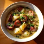 A close-up overhead view of a creamy kielbasa potato soup bowl garnished with fresh parsley.