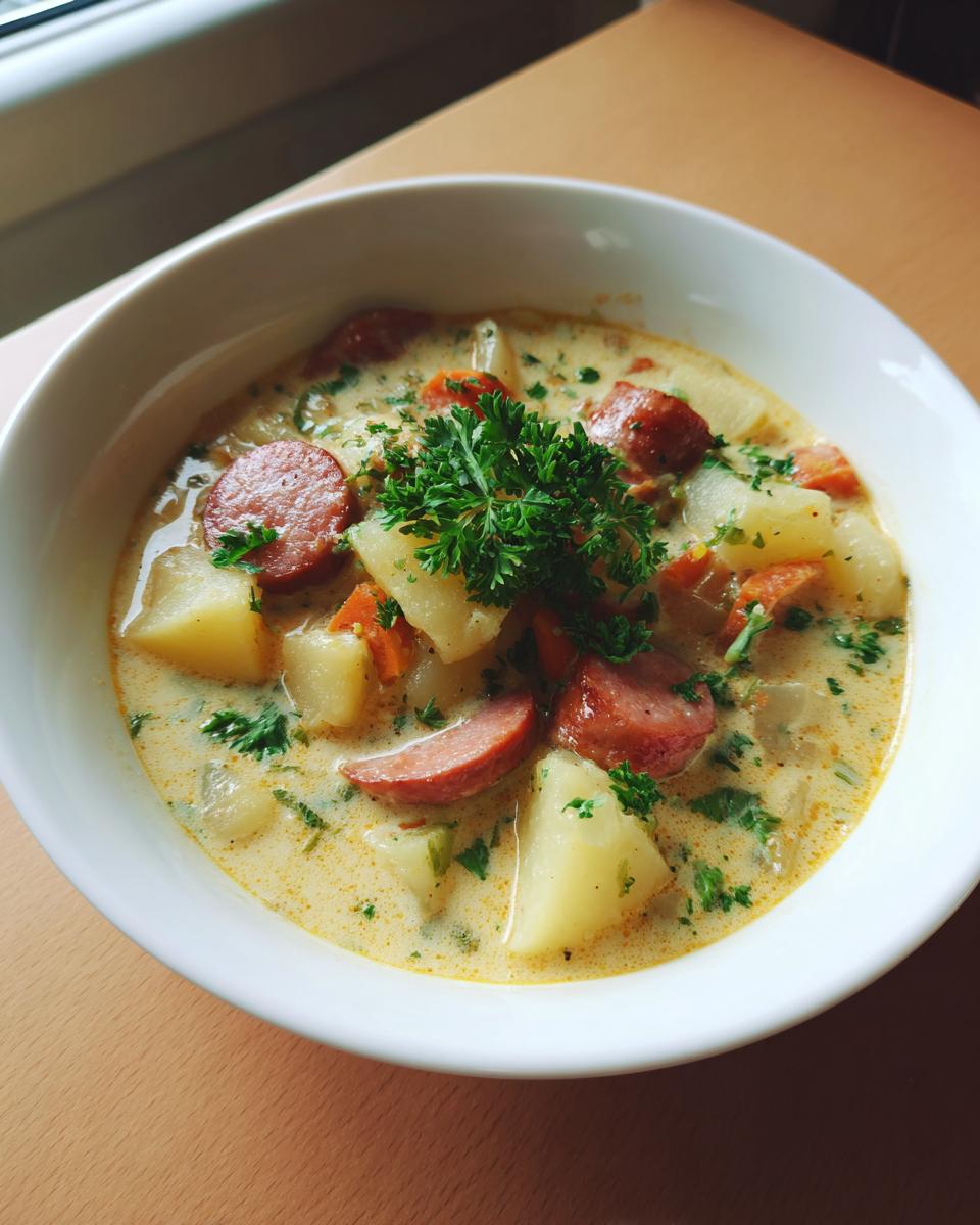 A close-up of a bowl of creamy kielbasa potato soup, featuring chunks of potato, sliced sausage, and fresh parsley.