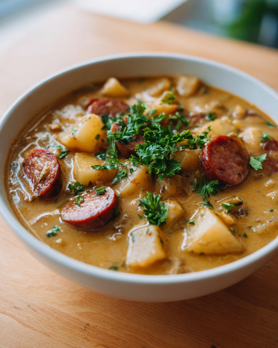 Close-up of a rich, creamy kielbasa potato soup topped with fresh parsley.