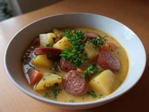 A close-up of a creamy kielbasa potato soup filled with chunks of potato, sliced sausage, and garnished with fresh parsley.