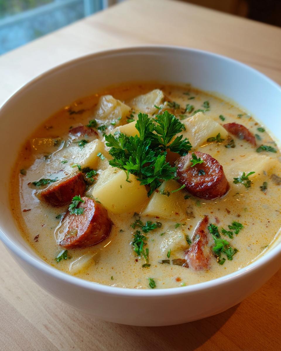 Close-up of a bowl of creamy kielbasa potato soup, featuring chunks of potato and sliced sausage, topped with fresh parsley.