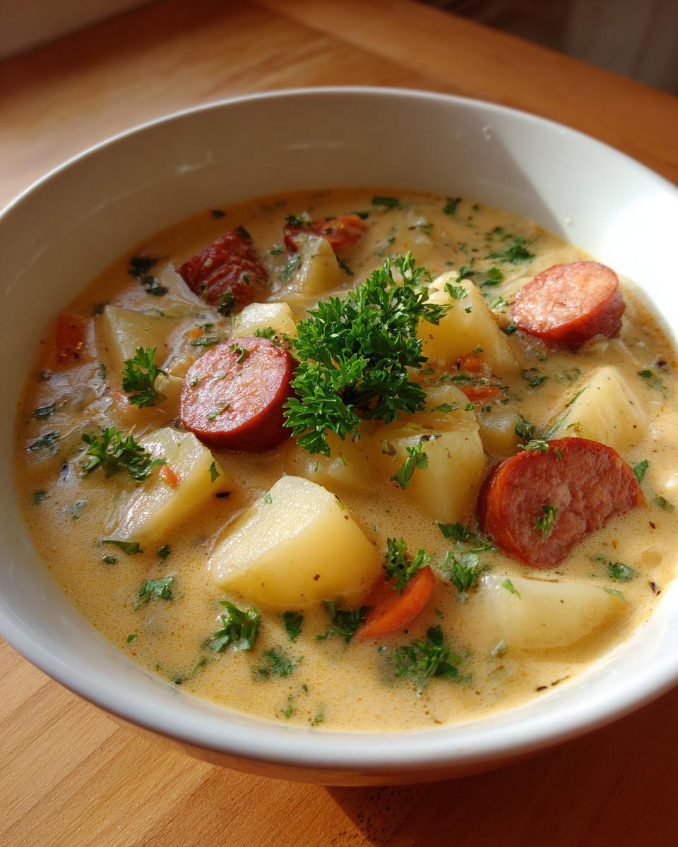 A close-up of a bowl of creamy kielbasa potato soup with chunks of potato and sausage, topped with fresh parsley.