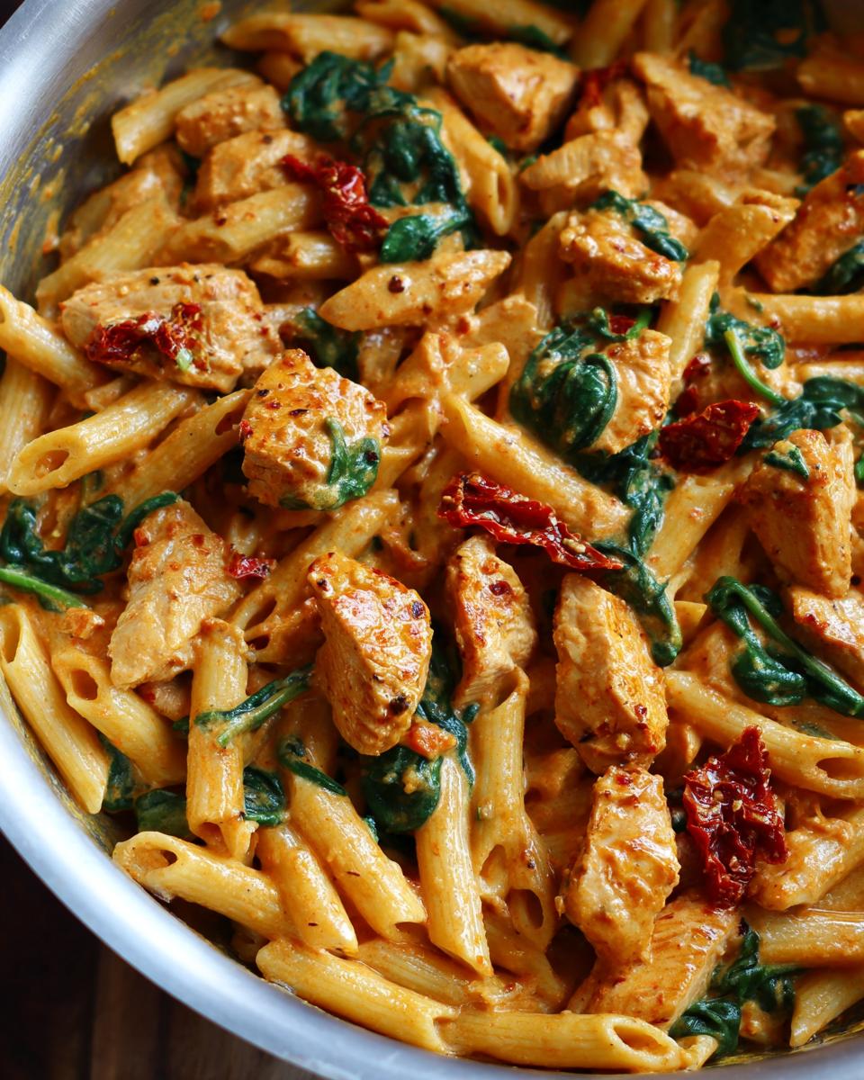 Close-up of creamy marry me chicken pasta featuring penne, chunks of seasoned chicken, spinach, and sun-dried tomatoes.