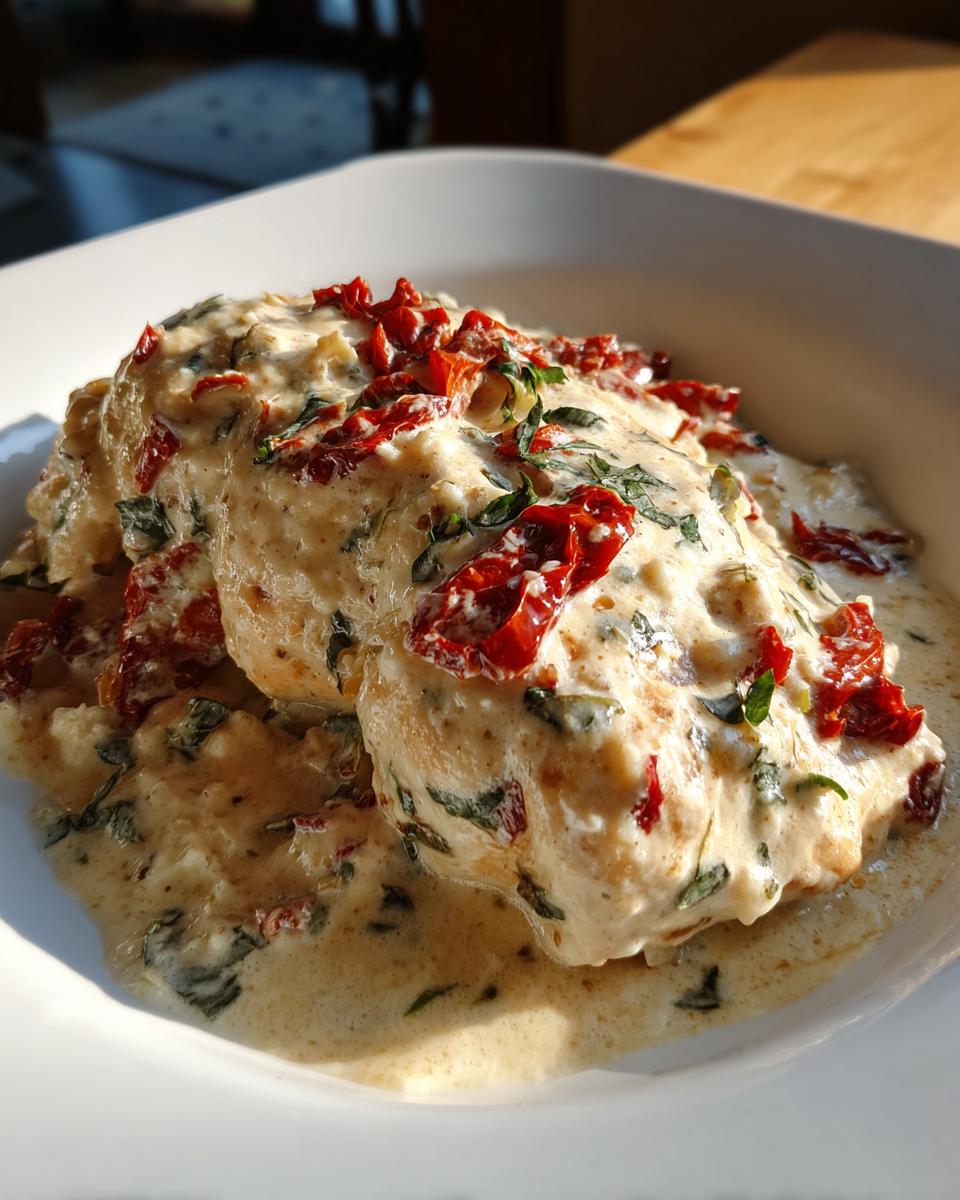 Two pieces of chicken smothered in a rich, creamy sauce with sun-dried tomatoes and basil, known as marry me chicken.