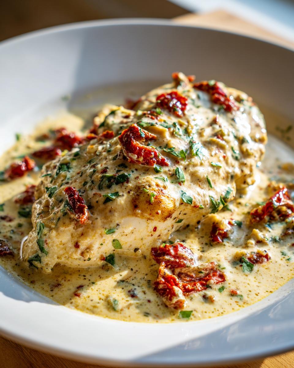 A succulent piece of marry me chicken smothered in a rich, creamy sauce with sun-dried tomatoes and fresh parsley.