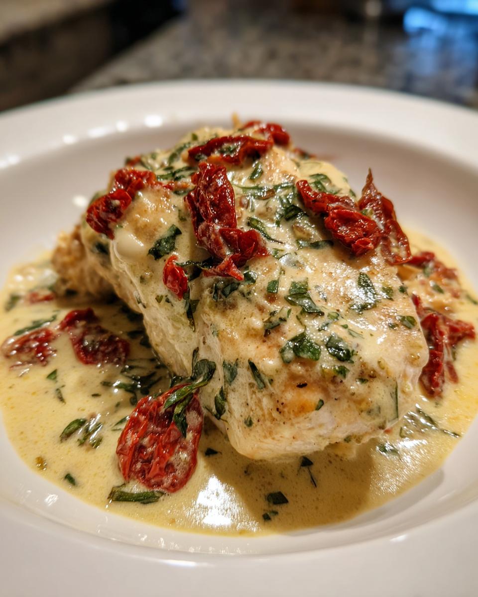 A close-up of a piece of chicken breast covered in creamy sauce, herbs, and sun-dried tomatoes, known as marry me chicken.
