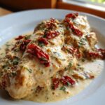 Two pieces of creamy marry me chicken smothered in a rich sauce and topped with sun-dried tomatoes.