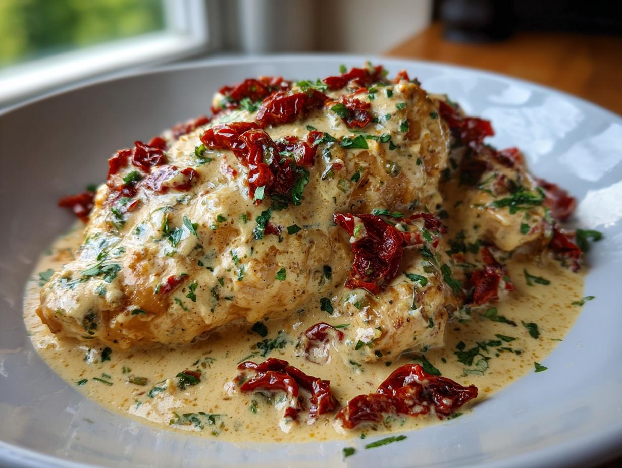 Close-up of creamy Marry Me Chicken breasts topped with sun-dried tomatoes and fresh parsley.
